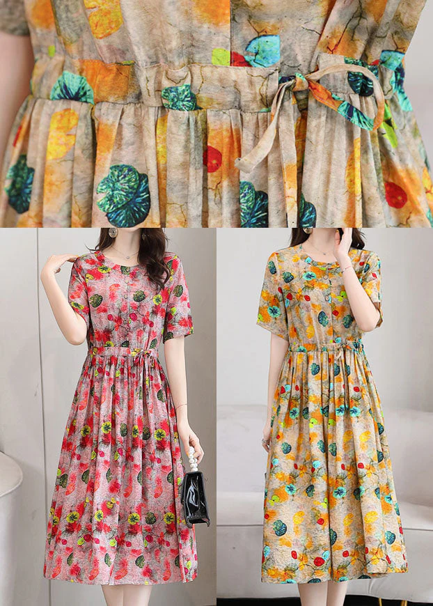 Elegant Red O-Neck Print 2025 Linen Cinch Dresses Short Sleeve - Image 5