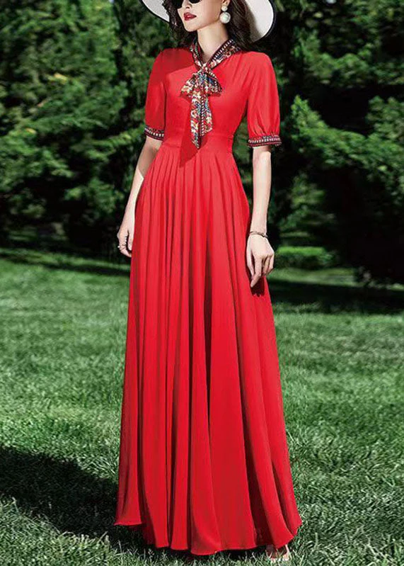 Elegant Red Patchwork Wrinkled Tunic Chiffon Long Dress Summer - Image 2