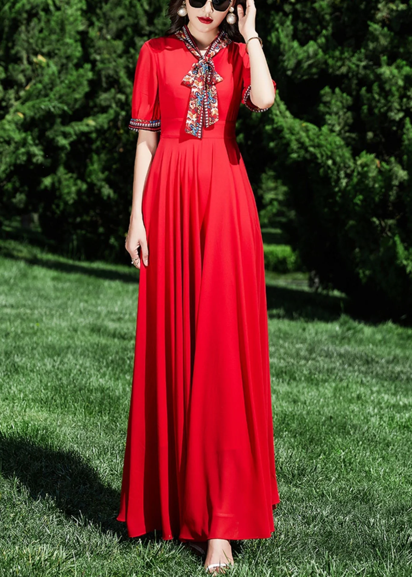 Elegant Red Patchwork Wrinkled Tunic Chiffon Long Dress Summer - Image 3