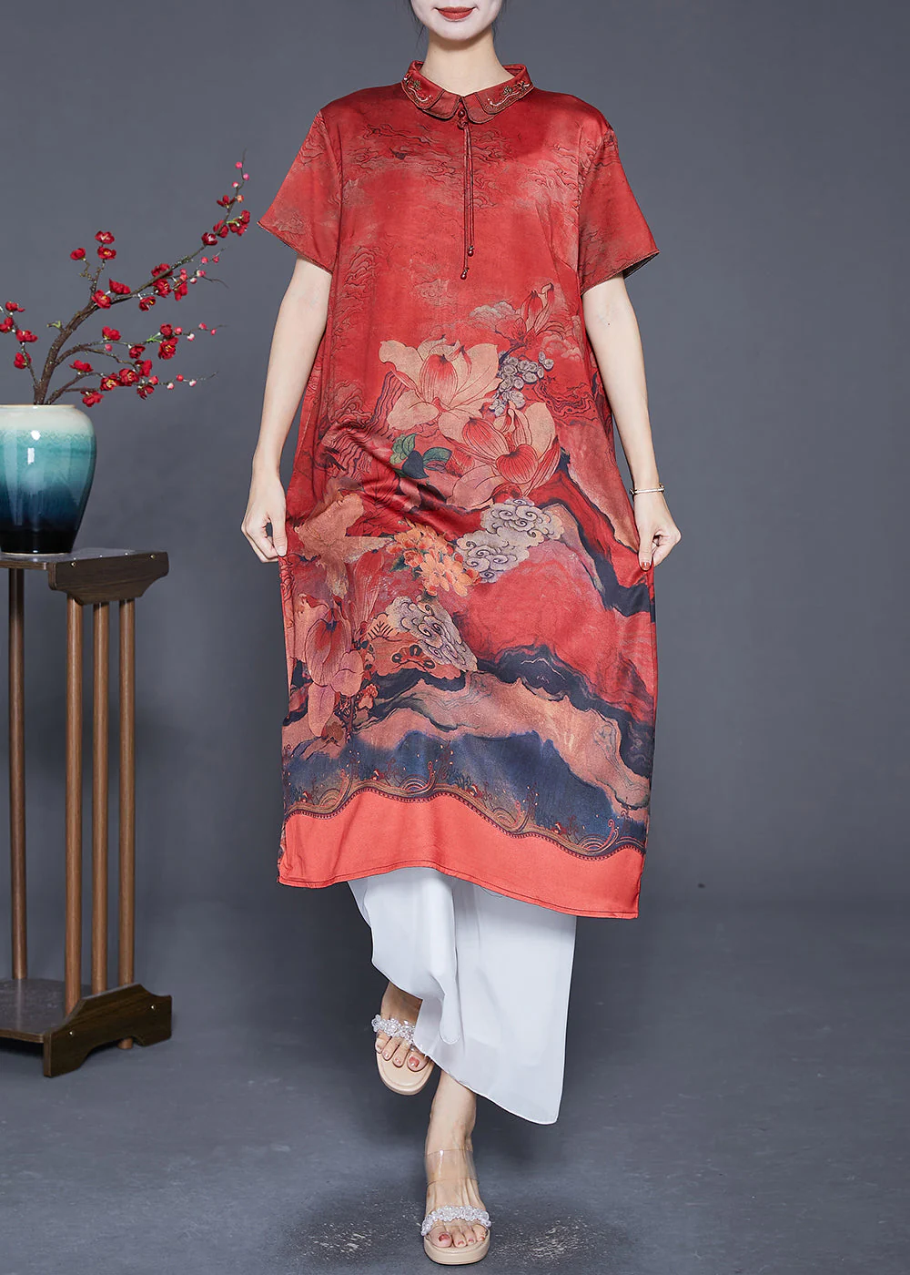 Elegant Red Peter Pan Collar Print Silk Robe Dresses Summer - Image 2