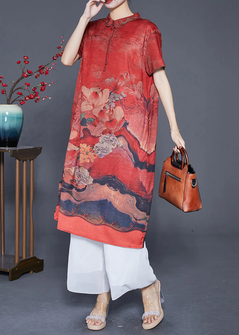 Elegant Red Peter Pan Collar Print Silk Robe Dresses Summer - Image 3
