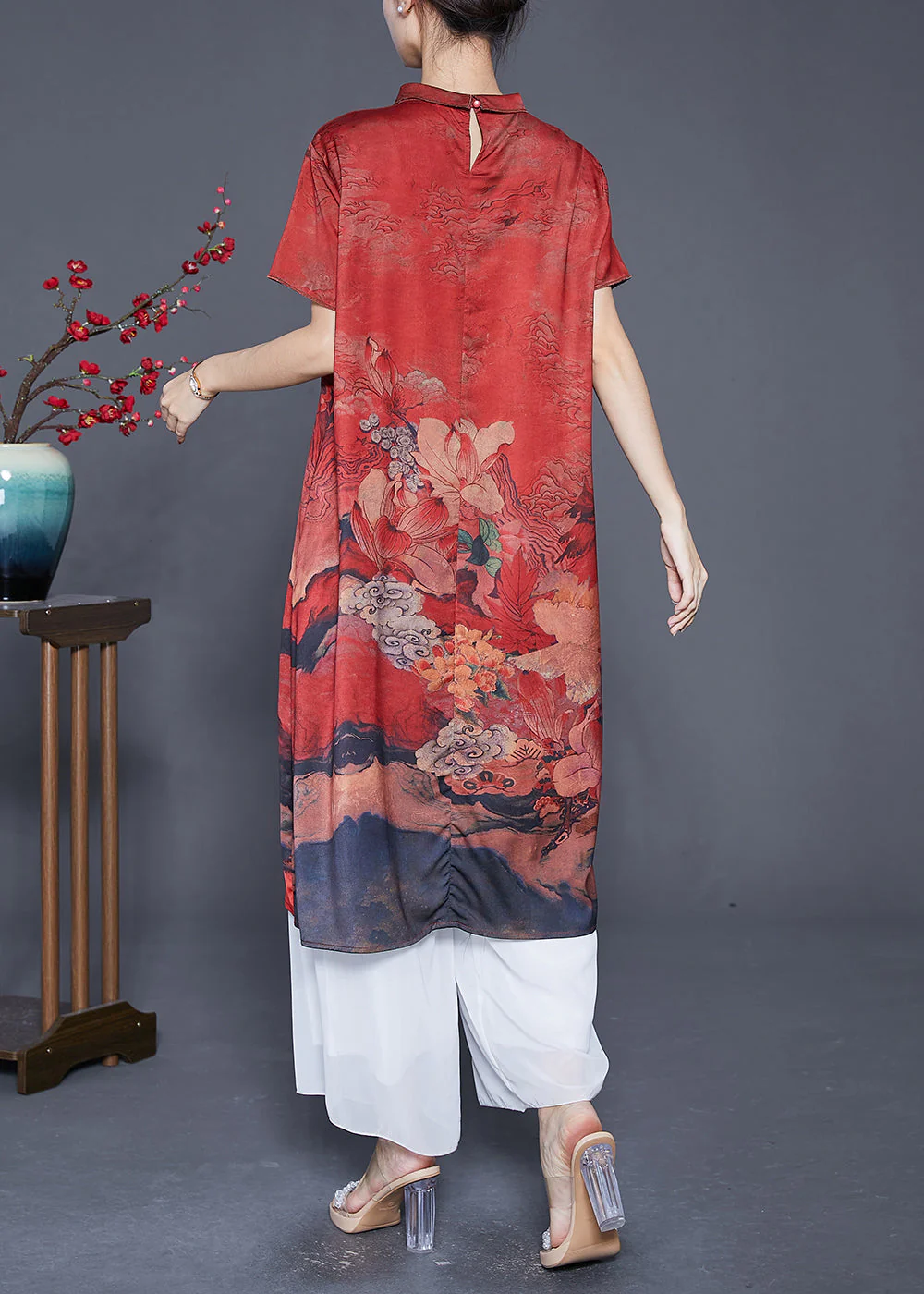 Elegant Red Peter Pan Collar Print Silk Robe Dresses Summer - Image 4
