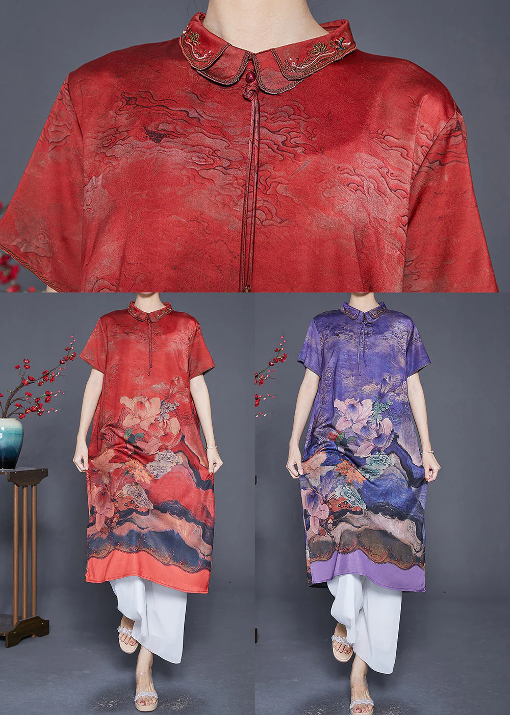 Elegant Red Peter Pan Collar Print Silk Robe Dresses Summer - Image 5