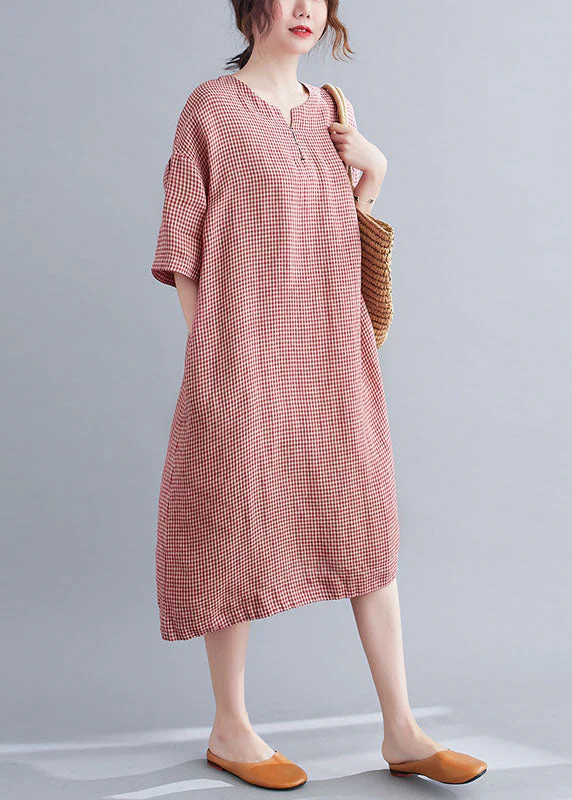 Elegant Red Pockets Plaid Cotton Vacation Dresses Short Sleeve - Image 2
