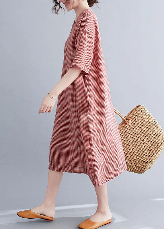 Elegant Red Pockets Plaid Cotton Vacation Dresses Short Sleeve - Image 3
