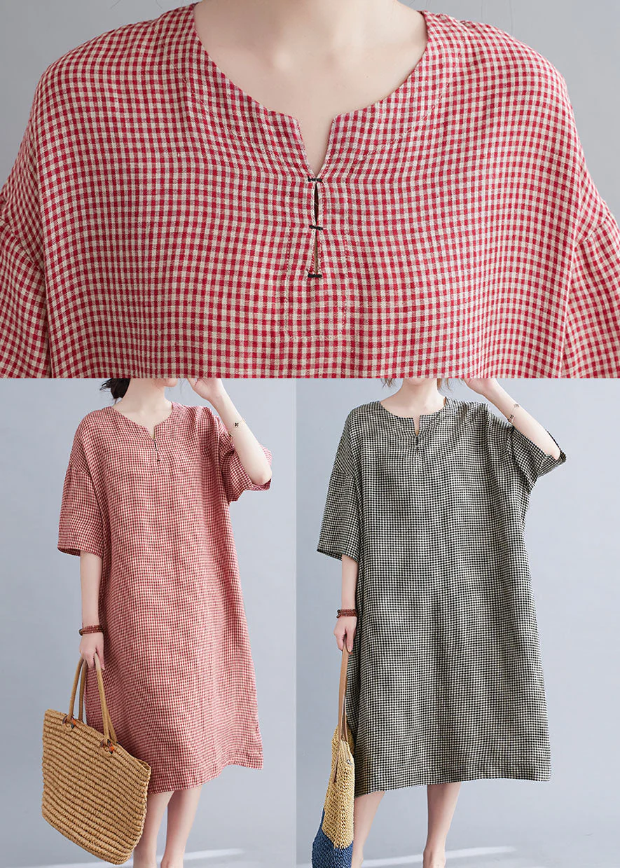 Elegant Red Pockets Plaid Cotton Vacation Dresses Short Sleeve - Image 4