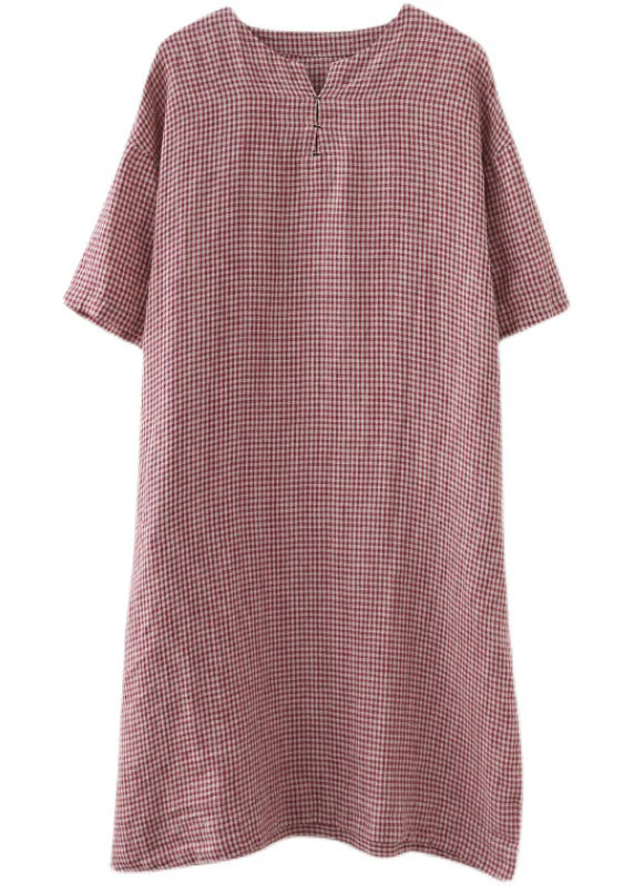 Elegant Red Pockets Plaid Cotton Vacation Dresses Short Sleeve - Image 5