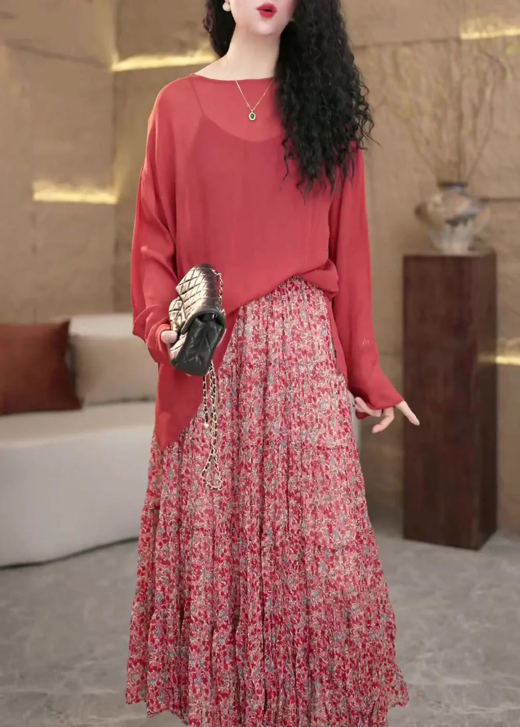 Elegant Red Print Tops And Spaghetti Strap Dress Cotton Two Pieces Set Long Sleeve - Image 4