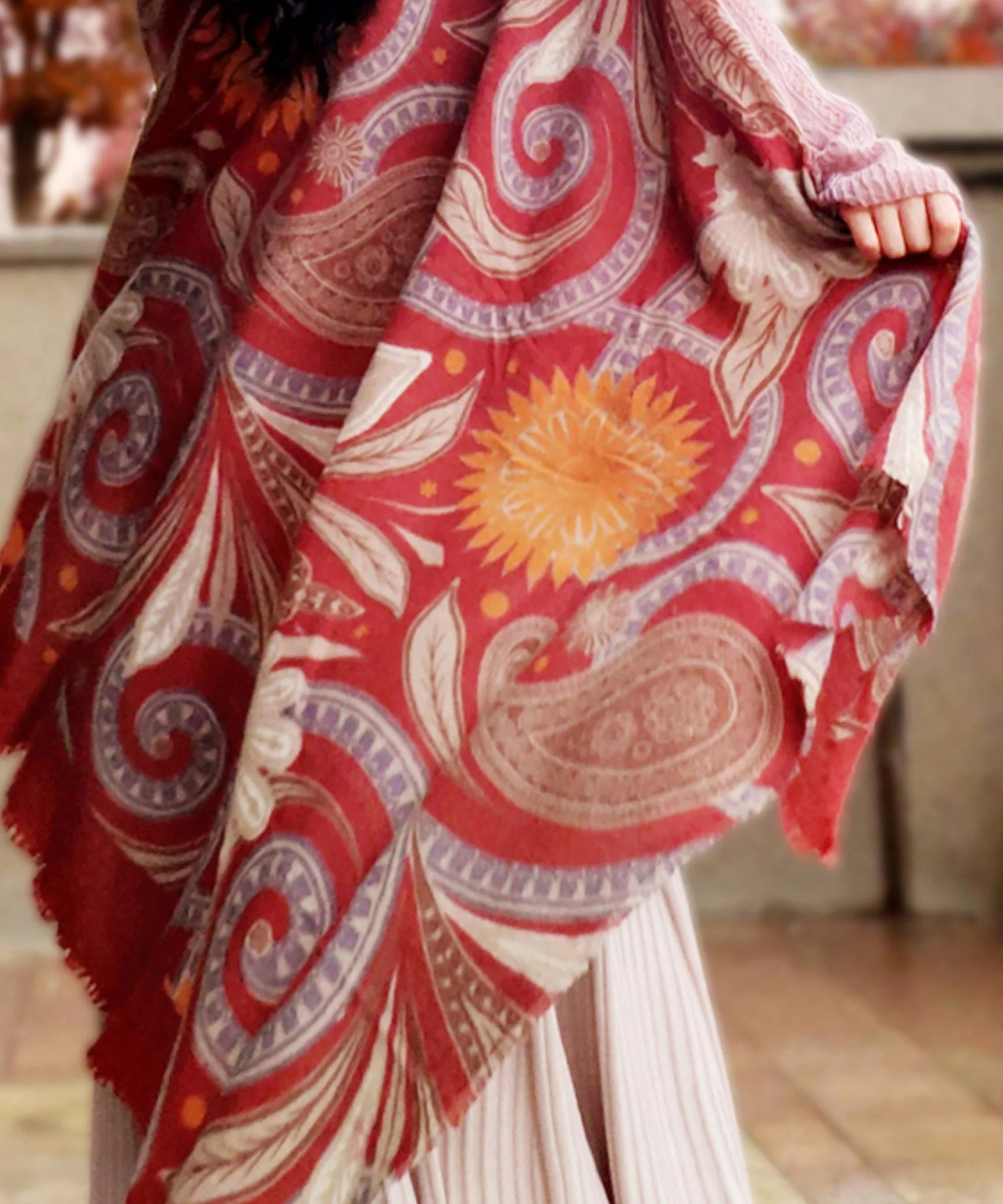 Elegant Red Print Wool Warm Scarf Shawl - Image 5