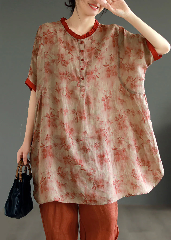 Elegant Red Ruffled Print Patchwork Linen Mid Dress Summer - Image 2