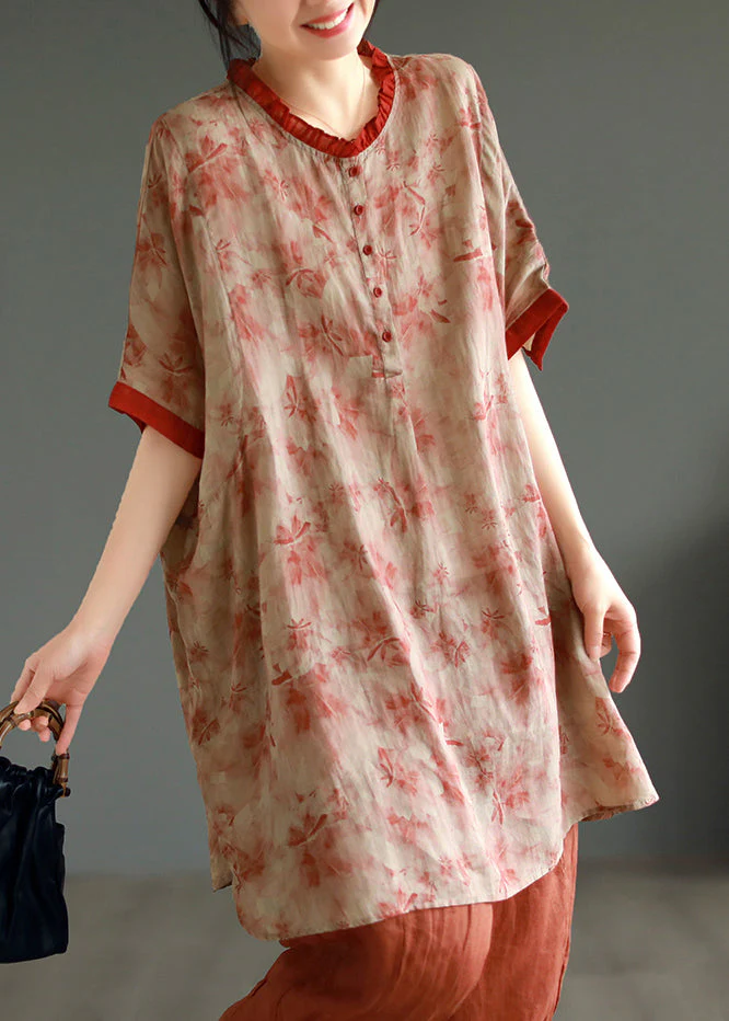 Elegant Red Ruffled Print Patchwork Linen Mid Dress Summer - Image 3