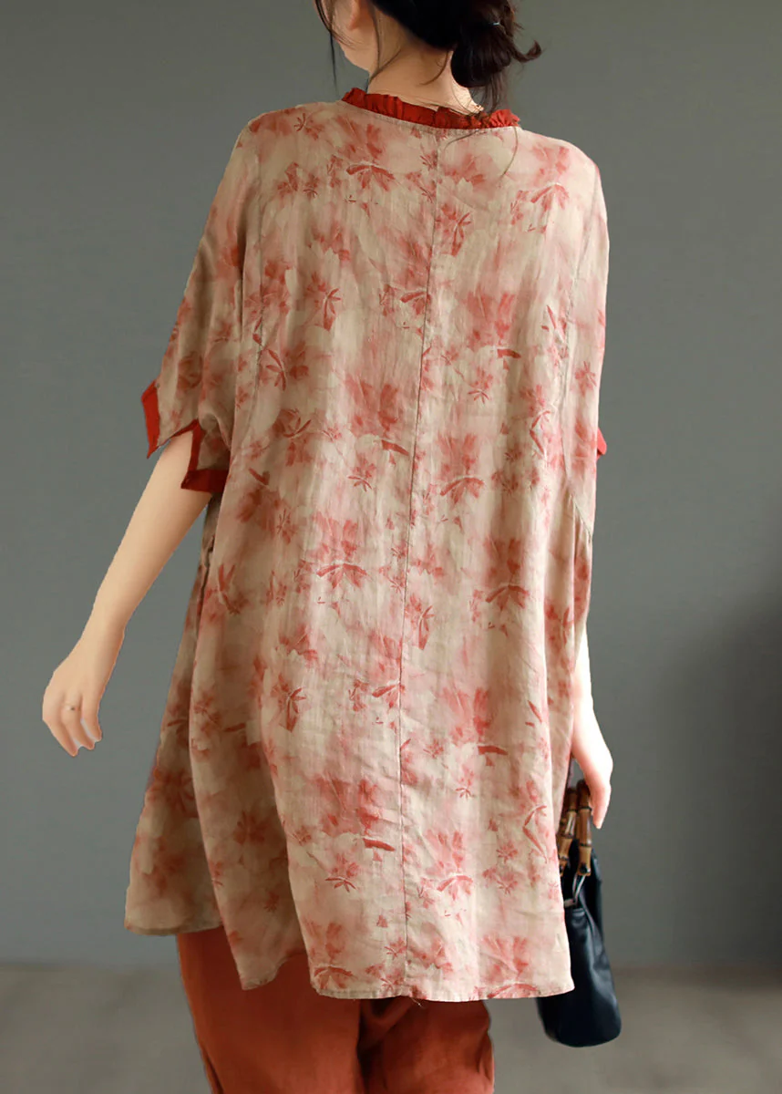 Elegant Red Ruffled Print Patchwork Linen Mid Dress Summer - Image 4