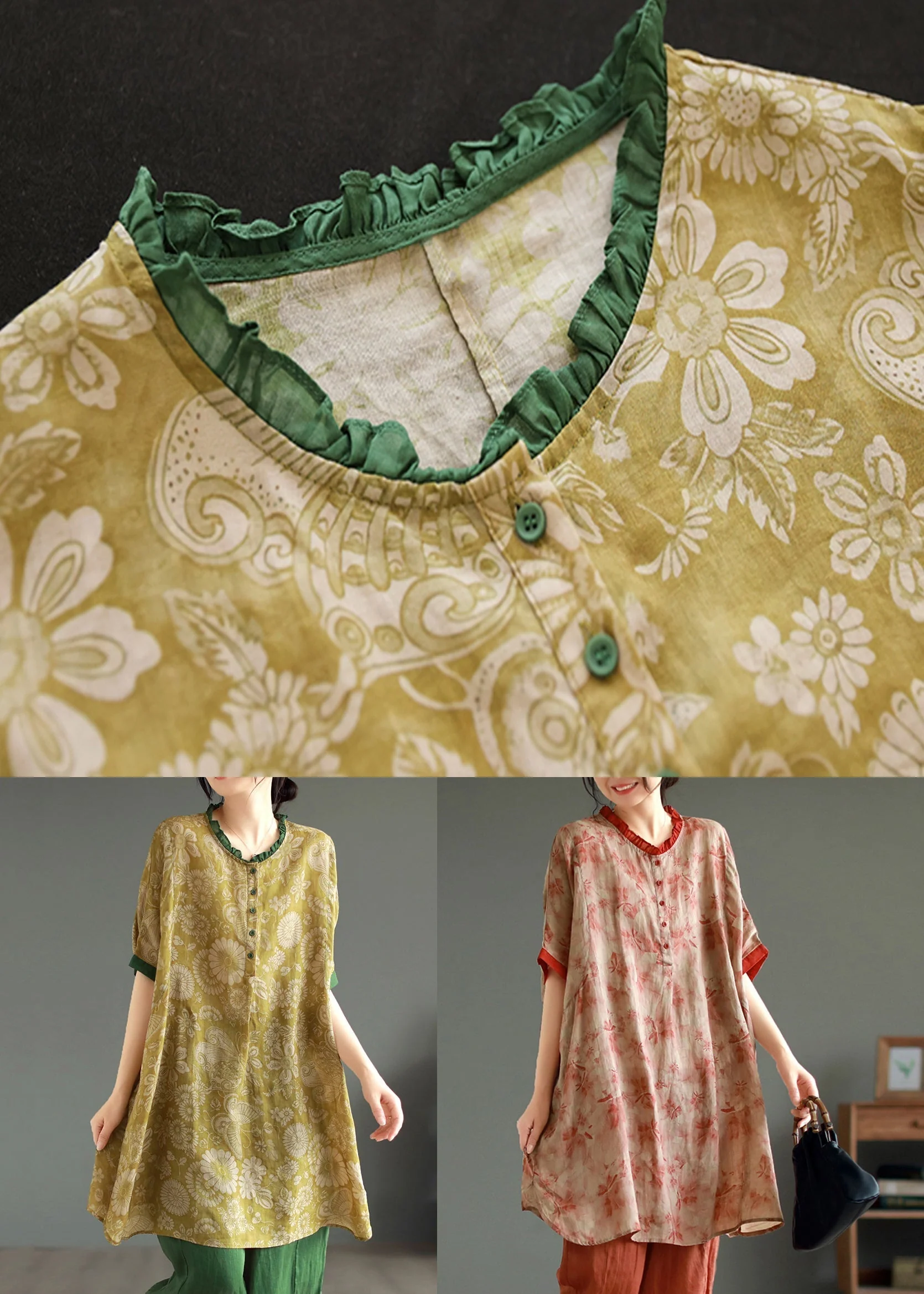 Elegant Red Ruffled Print Patchwork Linen Mid Dress Summer - Image 5