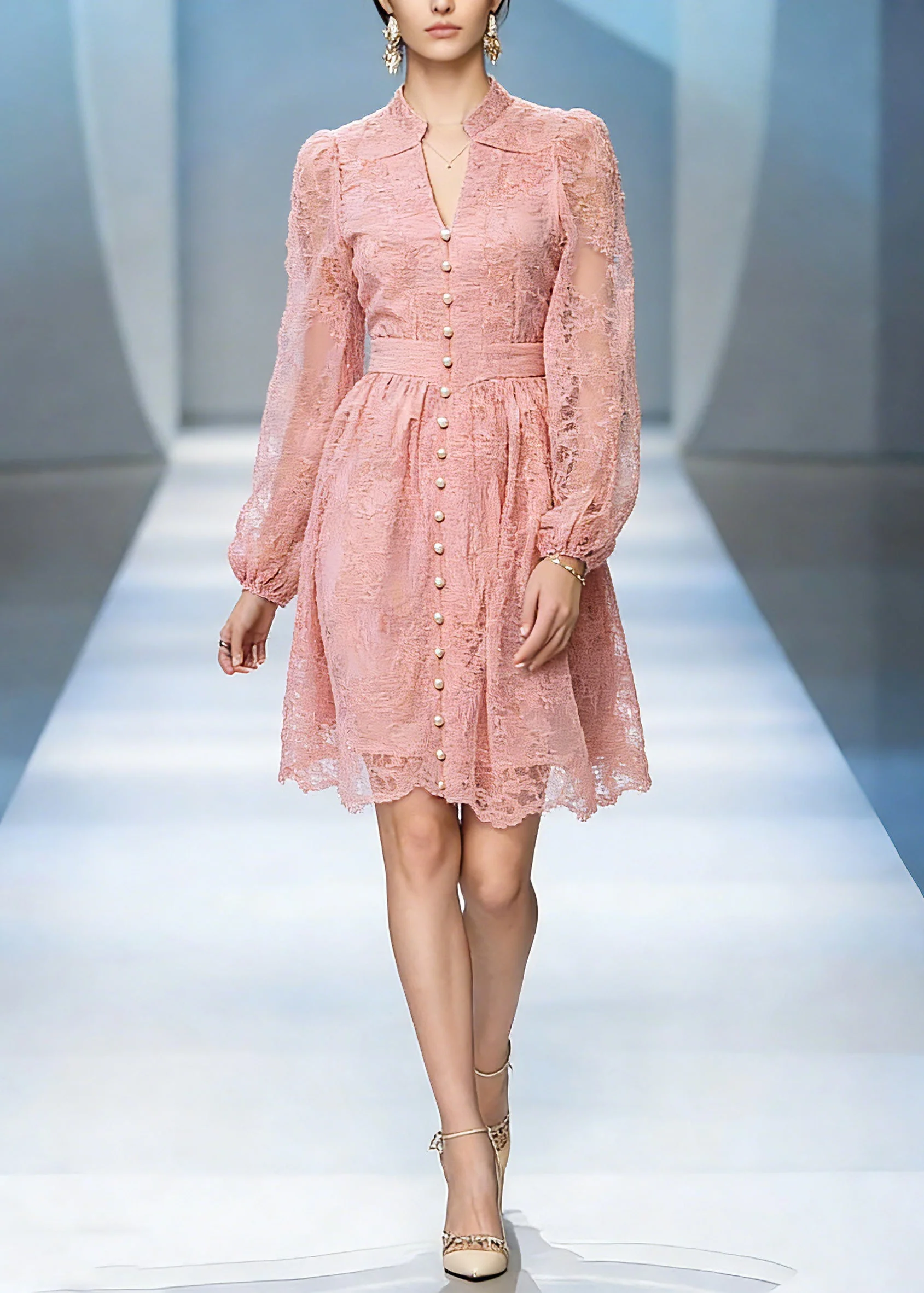 Elegant Red Stand Collar Tunic Tulle Mid Dress Lantern Sleeve - Image 3