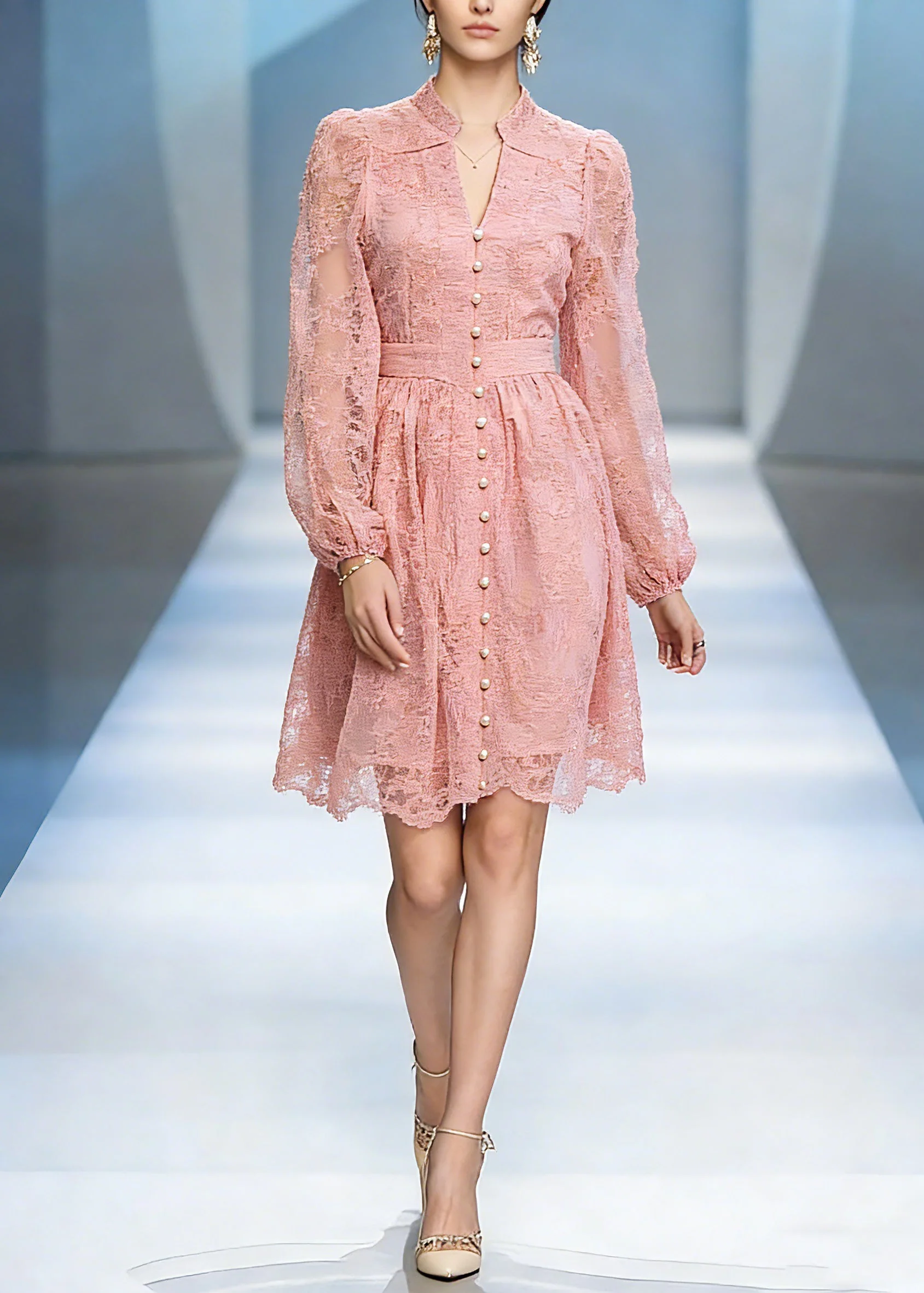 Elegant Red Stand Collar Tunic Tulle Mid Dress Lantern Sleeve - Image 5