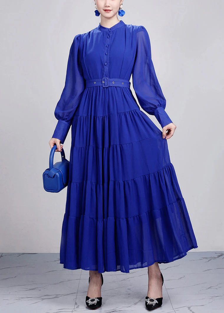 Elegant Red Stand Collar Wrinkled Chiffon Dresses Long Sleeve - Image 3
