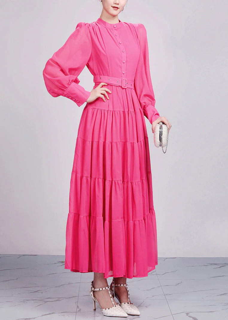Elegant Red Stand Collar Wrinkled Chiffon Dresses Long Sleeve - Image 4