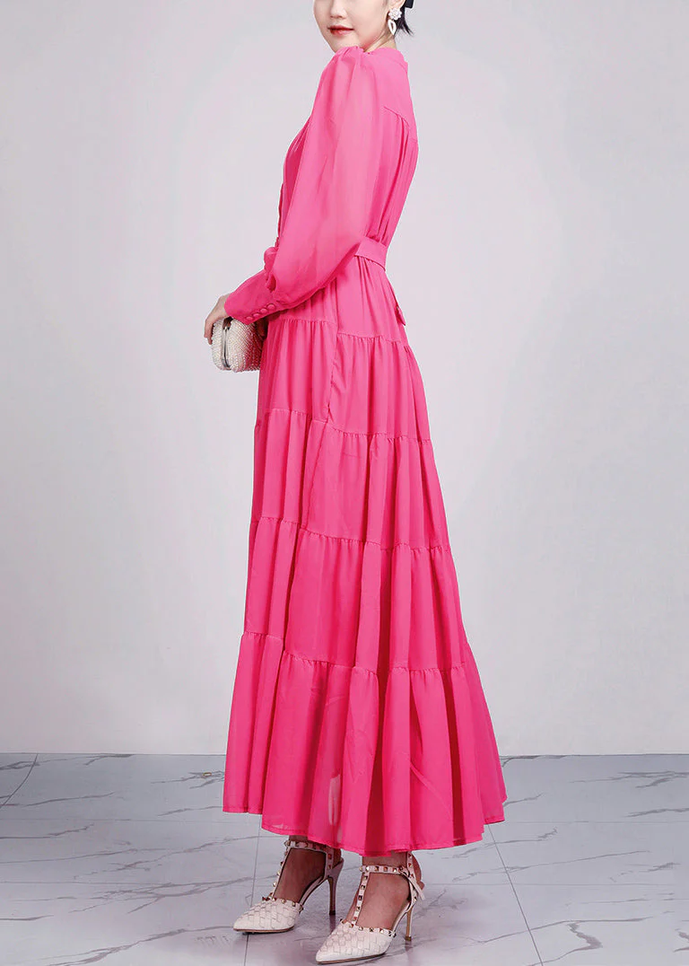 Elegant Red Stand Collar Wrinkled Chiffon Dresses Long Sleeve - Image 5