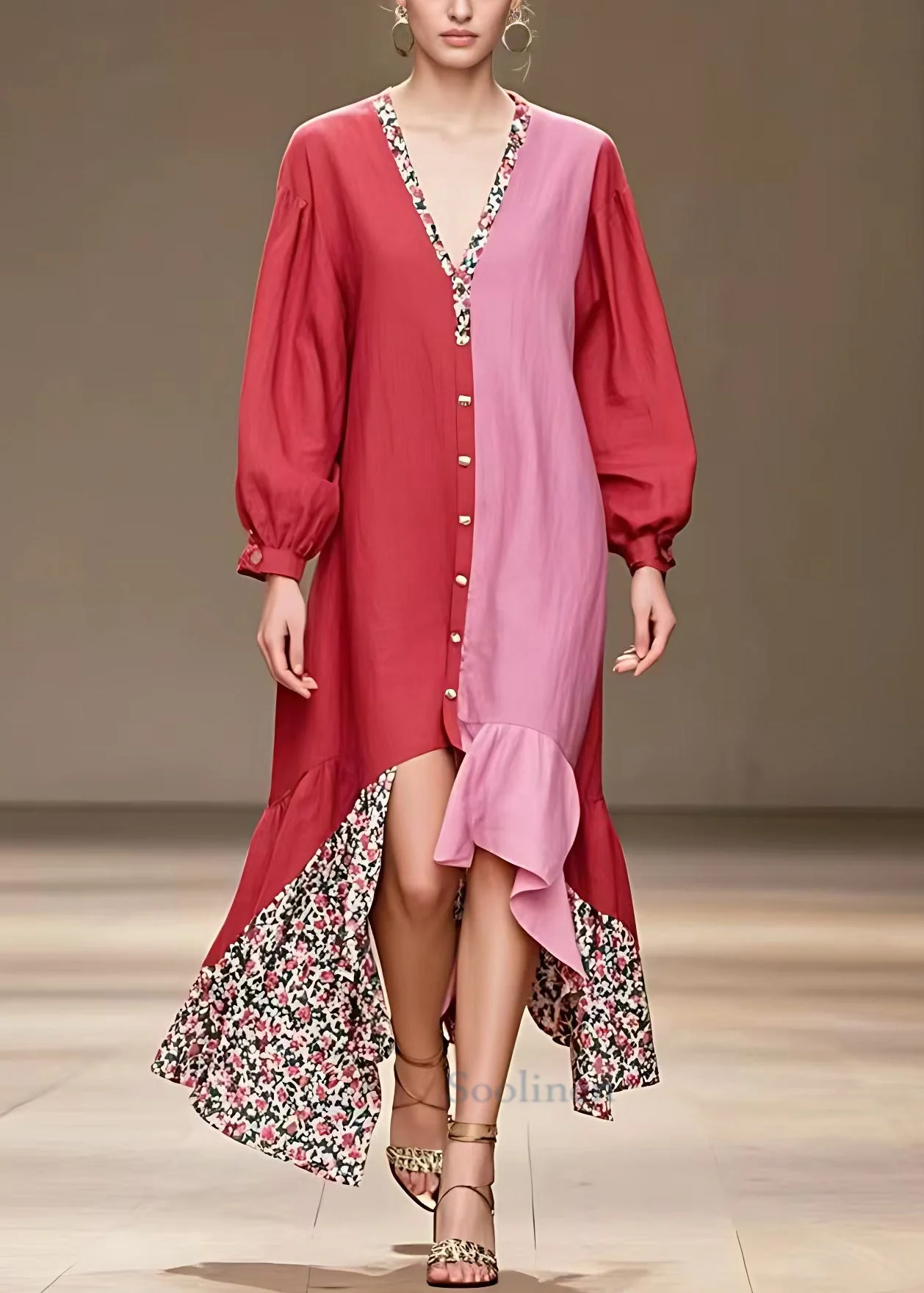 Elegant Red V Neck Button Print Cotton Dress Long Sleeve - Image 2