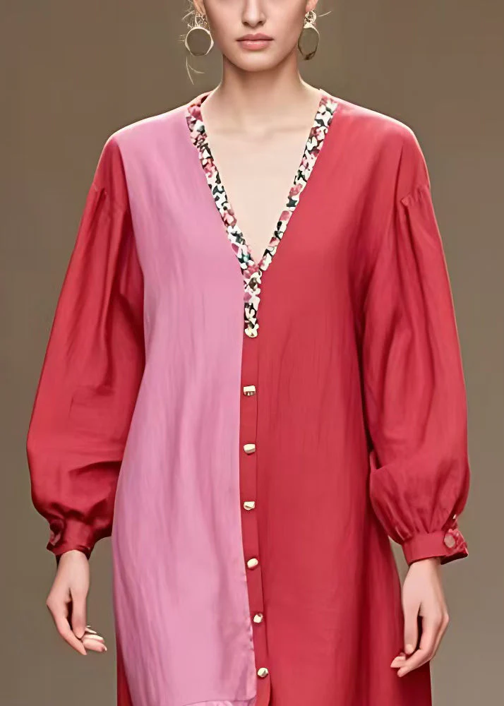 Elegant Red V Neck Button Print Cotton Dress Long Sleeve - Image 3