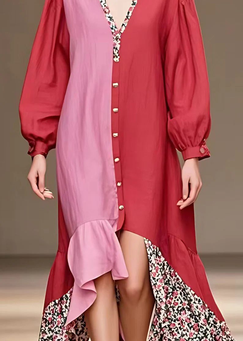 Elegant Red V Neck Button Print Cotton Dress Long Sleeve - Image 4