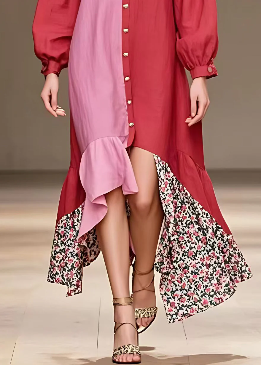 Elegant Red V Neck Button Print Cotton Dress Long Sleeve - Image 5