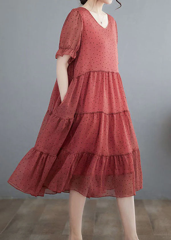 Elegant Red V Neck Dot Print Patchwork Chiffon Dresses Summer - Image 2