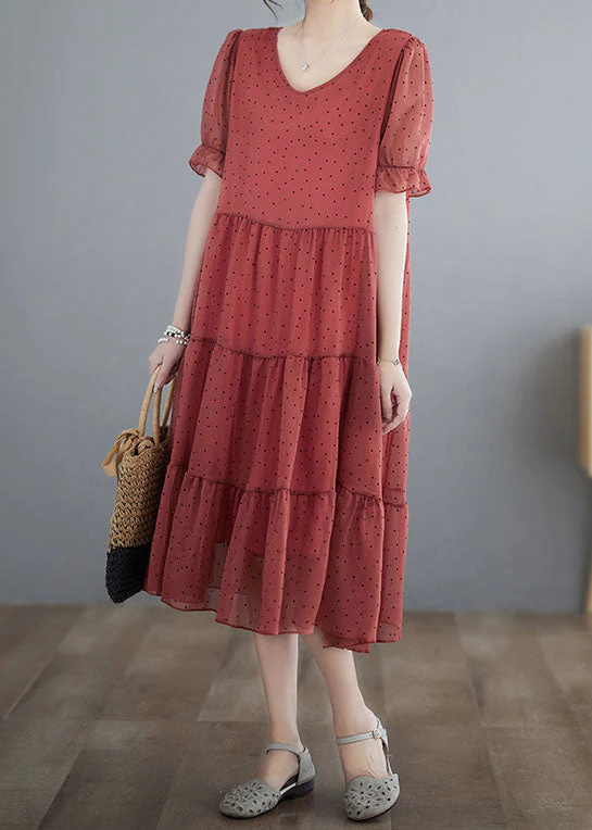 Elegant Red V Neck Dot Print Patchwork Chiffon Dresses Summer - Image 3