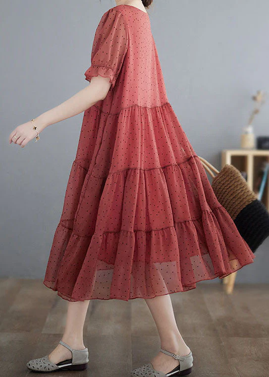 Elegant Red V Neck Dot Print Patchwork Chiffon Dresses Summer - Image 4