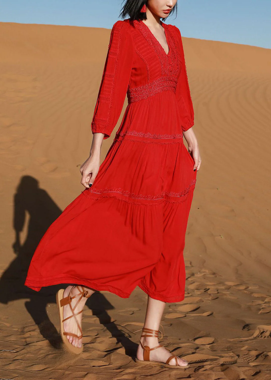 Elegant Red V Neck Embroidered Solid Cotton Long Dresses Bracelet Sleeve - Image 2
