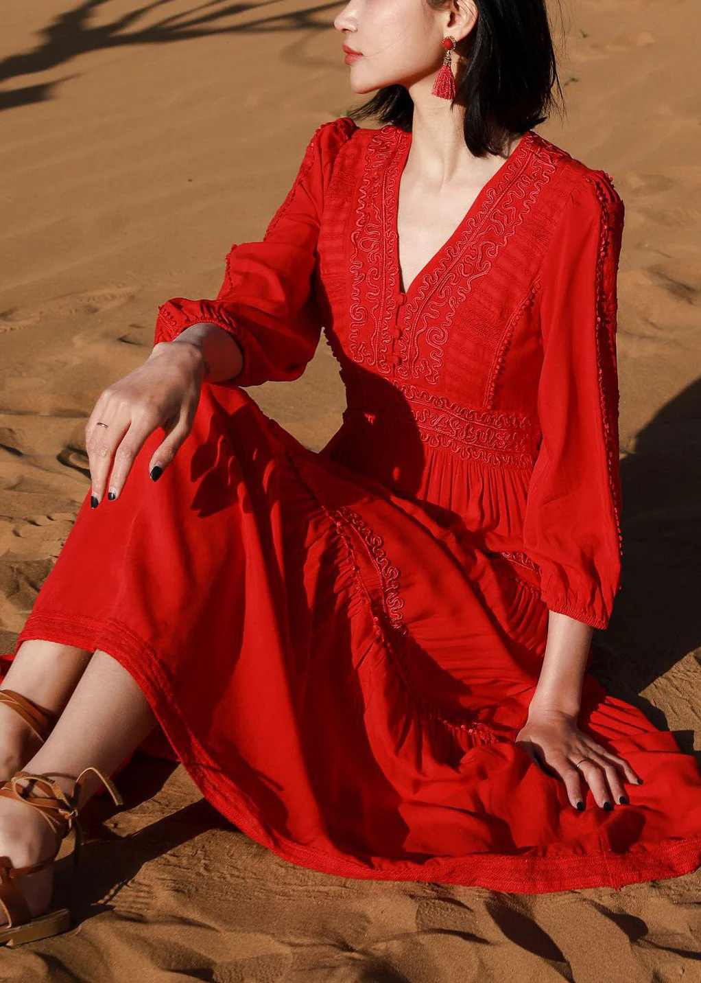 Elegant Red V Neck Embroidered Solid Cotton Long Dresses Bracelet Sleeve - Image 3