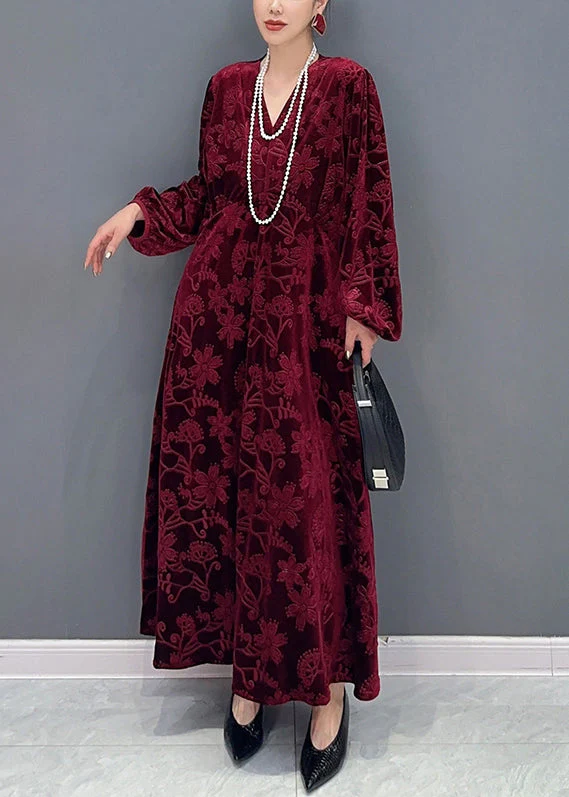 Elegant Red V Neck Jacquard Patchwork Velour Dresses Fall - Image 3