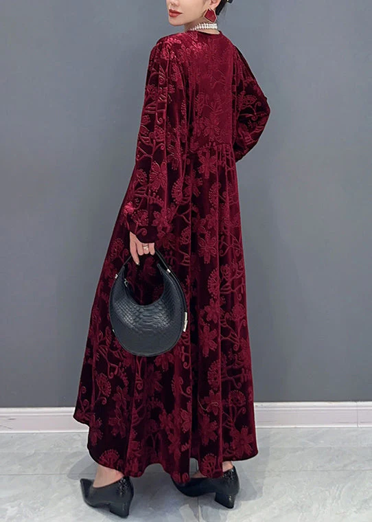 Elegant Red V Neck Jacquard Patchwork Velour Dresses Fall - Image 5