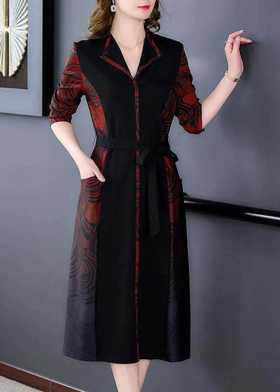 Elegant Red V Neck Patchwork Print Silk Cinch Dress Fall