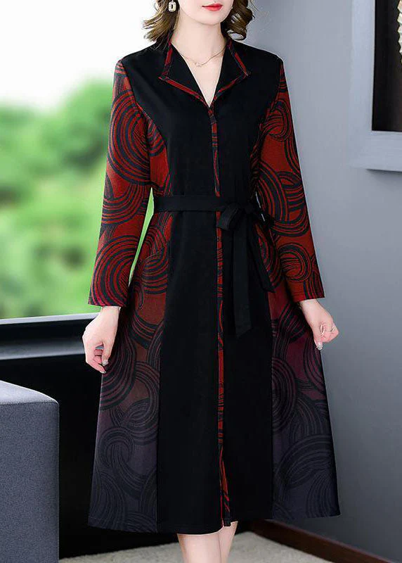 Elegant Red V Neck Patchwork Print Silk Cinch Dress Fall - Image 2
