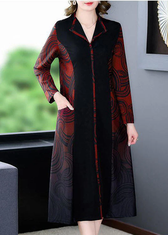 Elegant Red V Neck Patchwork Print Silk Cinch Dress Fall - Image 3