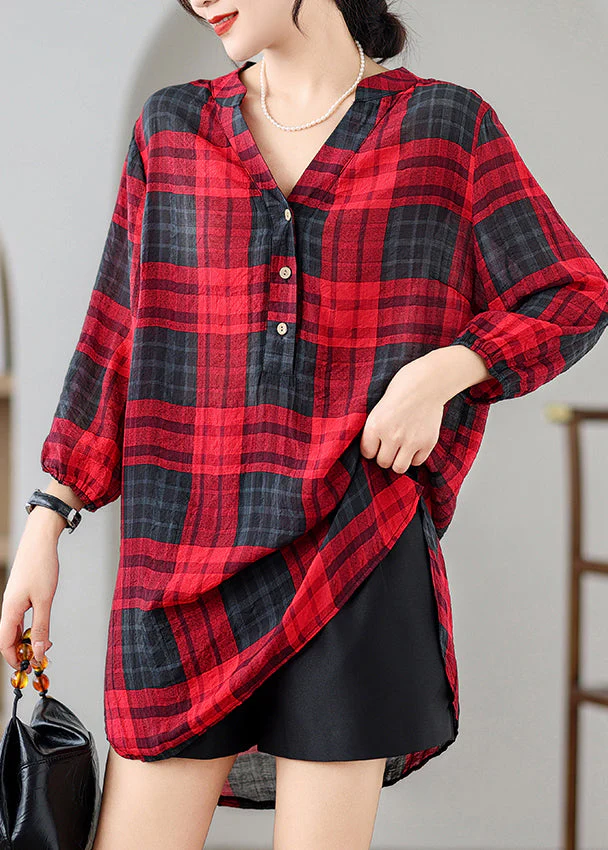 Elegant Red V Neck Plaid Linen Mid Dresses Summer - Image 2