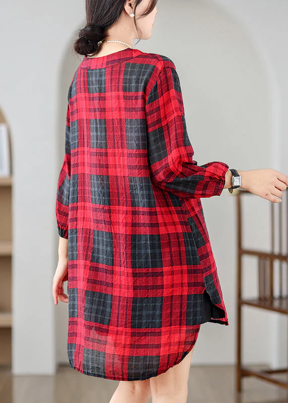 Elegant Red V Neck Plaid Linen Mid Dresses Summer - Image 3