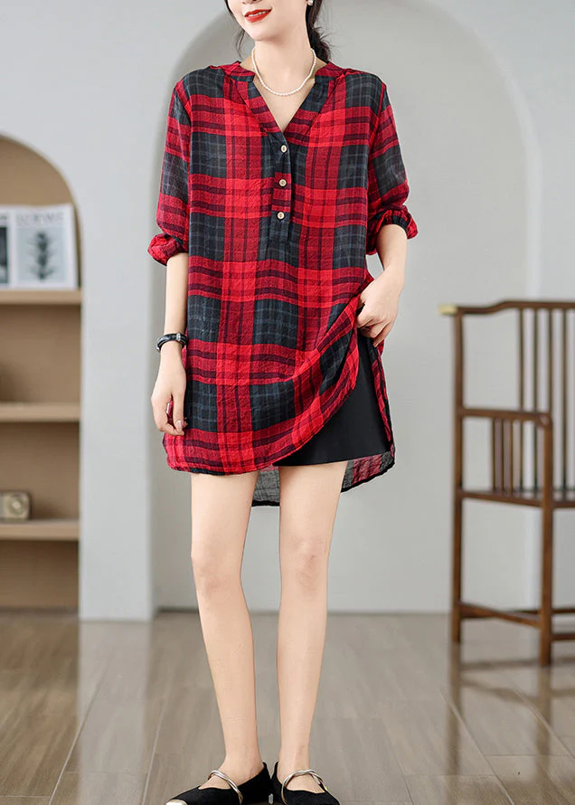 Elegant Red V Neck Plaid Linen Mid Dresses Summer - Image 4