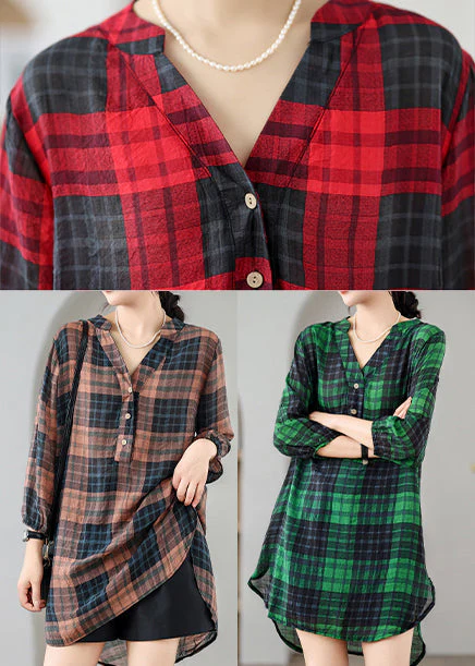 Elegant Red V Neck Plaid Linen Mid Dresses Summer - Image 5