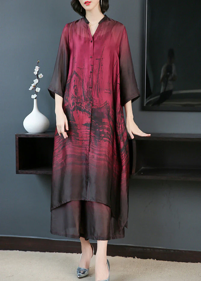 Elegant Red V Neck Print Silk Long Shirt Dress And Pants Two Pieces Set Summer - Image 3