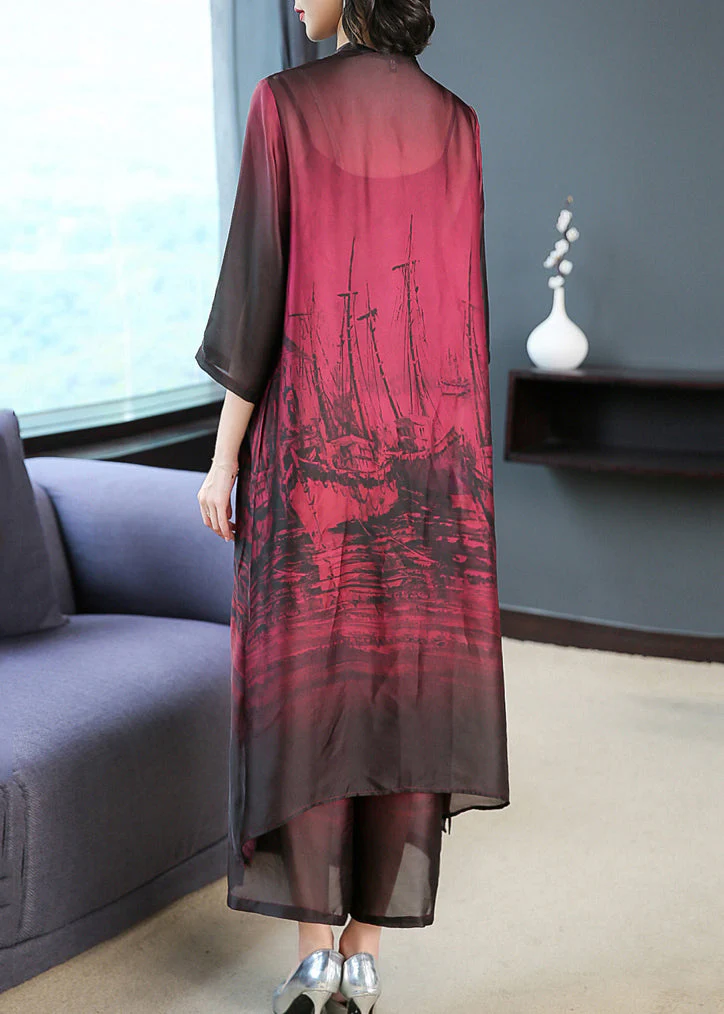 Elegant Red V Neck Print Silk Long Shirt Dress And Pants Two Pieces Set Summer - Image 4