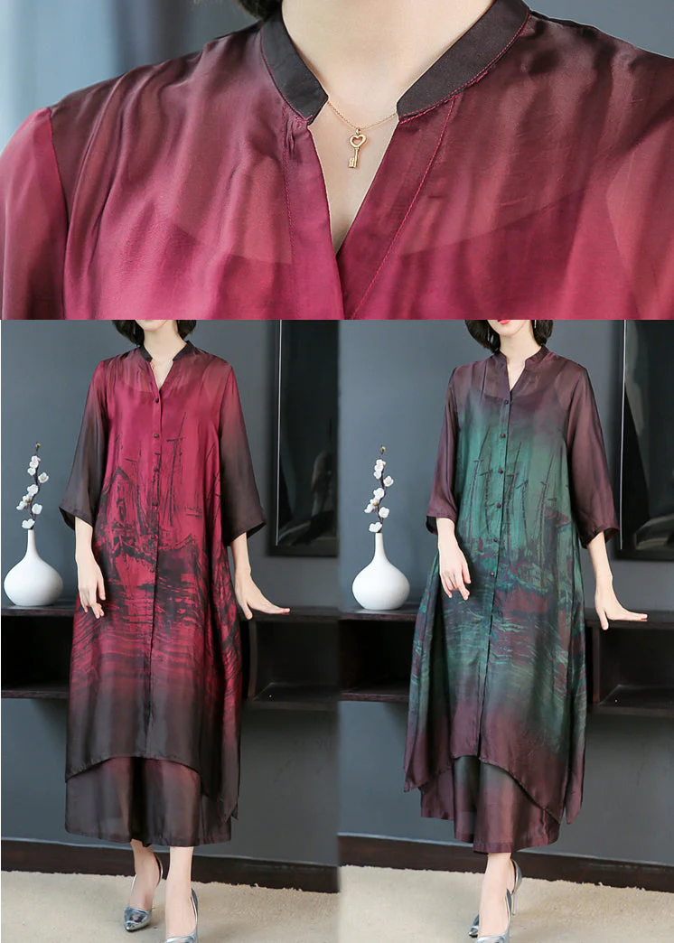 Elegant Red V Neck Print Silk Long Shirt Dress And Pants Two Pieces Set Summer - Image 5