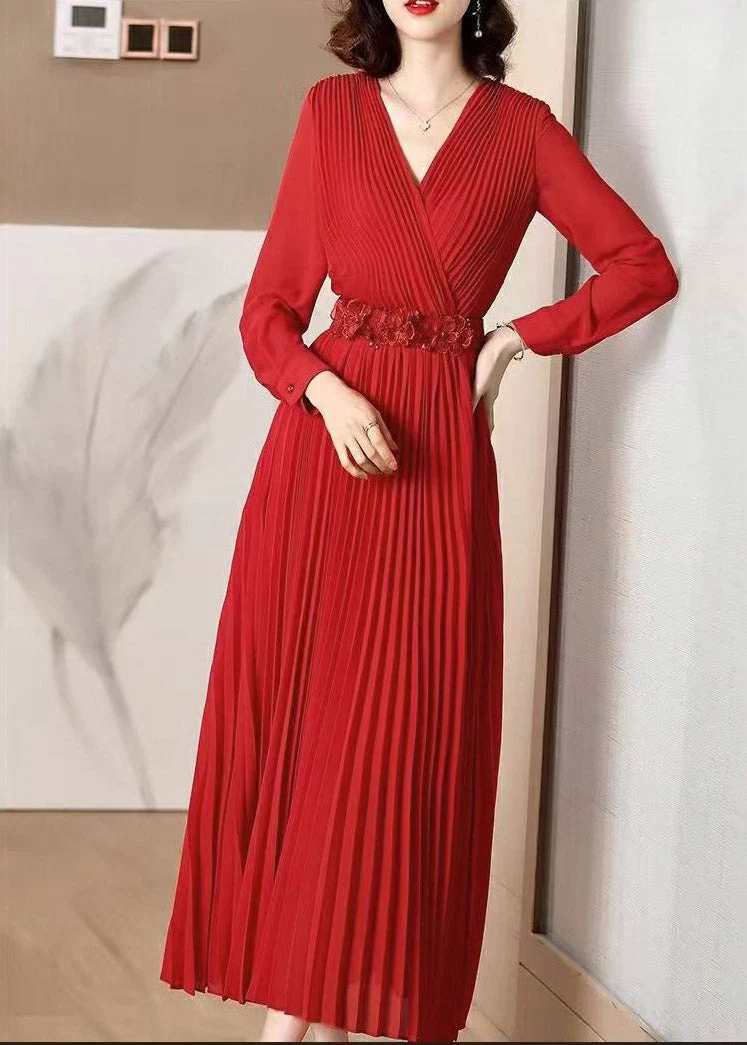 Elegant Red V Neck Wrinkled Tunic Chiffon Maxi Dress Fall - Image 2