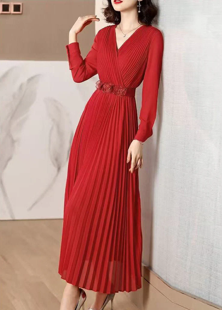 Elegant Red V Neck Wrinkled Tunic Chiffon Maxi Dress Fall - Image 3