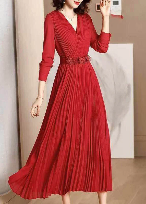 Elegant Red V Neck Wrinkled Tunic Chiffon Maxi Dress Fall - Image 4