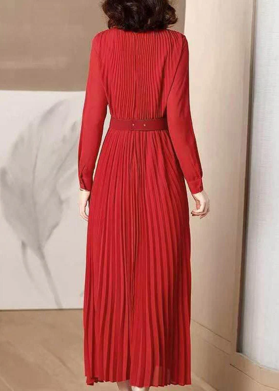 Elegant Red V Neck Wrinkled Tunic Chiffon Maxi Dress Fall - Image 5