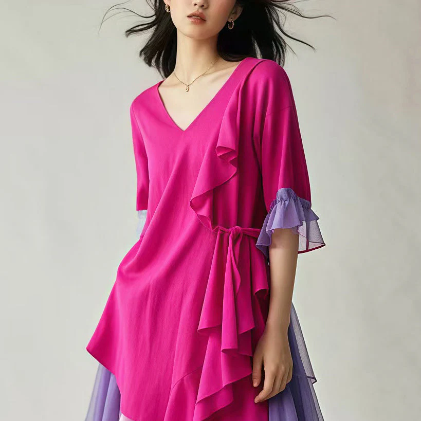 Elegant Rose Asymmetrical Patchwork Tulle Holiday Dress Summer - Image 3