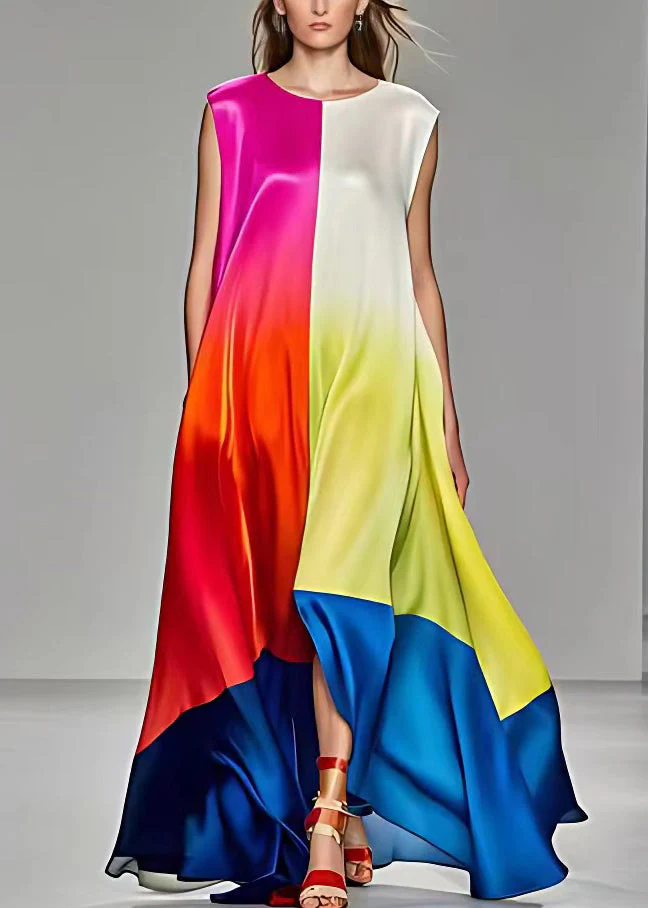 Elegant Rose Asymmetrical Pockets Silk Long Dresses Sleeveless - Image 2
