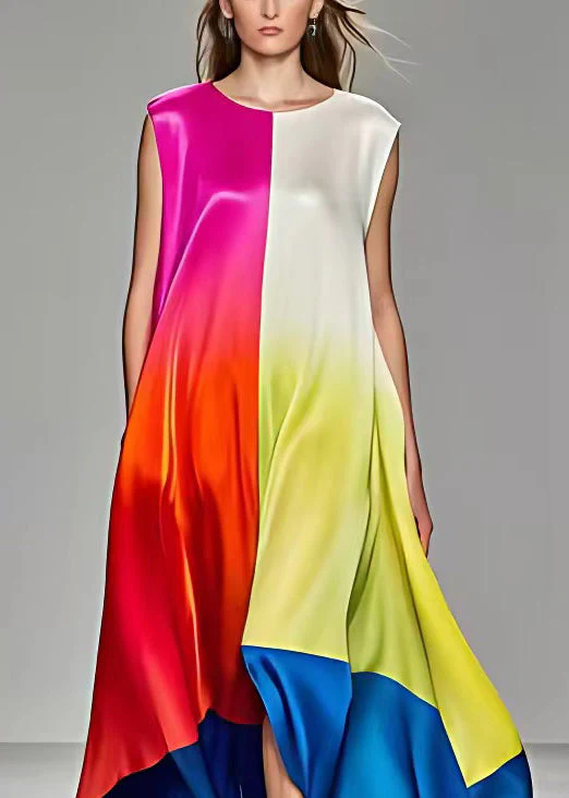 Elegant Rose Asymmetrical Pockets Silk Long Dresses Sleeveless - Image 3